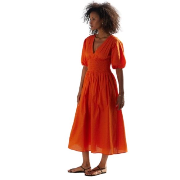 AYR Extra Extra Cotton Poplin Maxi Dress Womens Medium Orange V-Neck Smocked - Picture 1 of 12